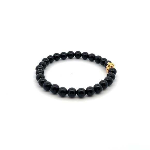18K Gold Money Bag Onyx Gemstones 6mm Lucky Charm Elastic Bracelet Size 6" - Picture 2 of 5